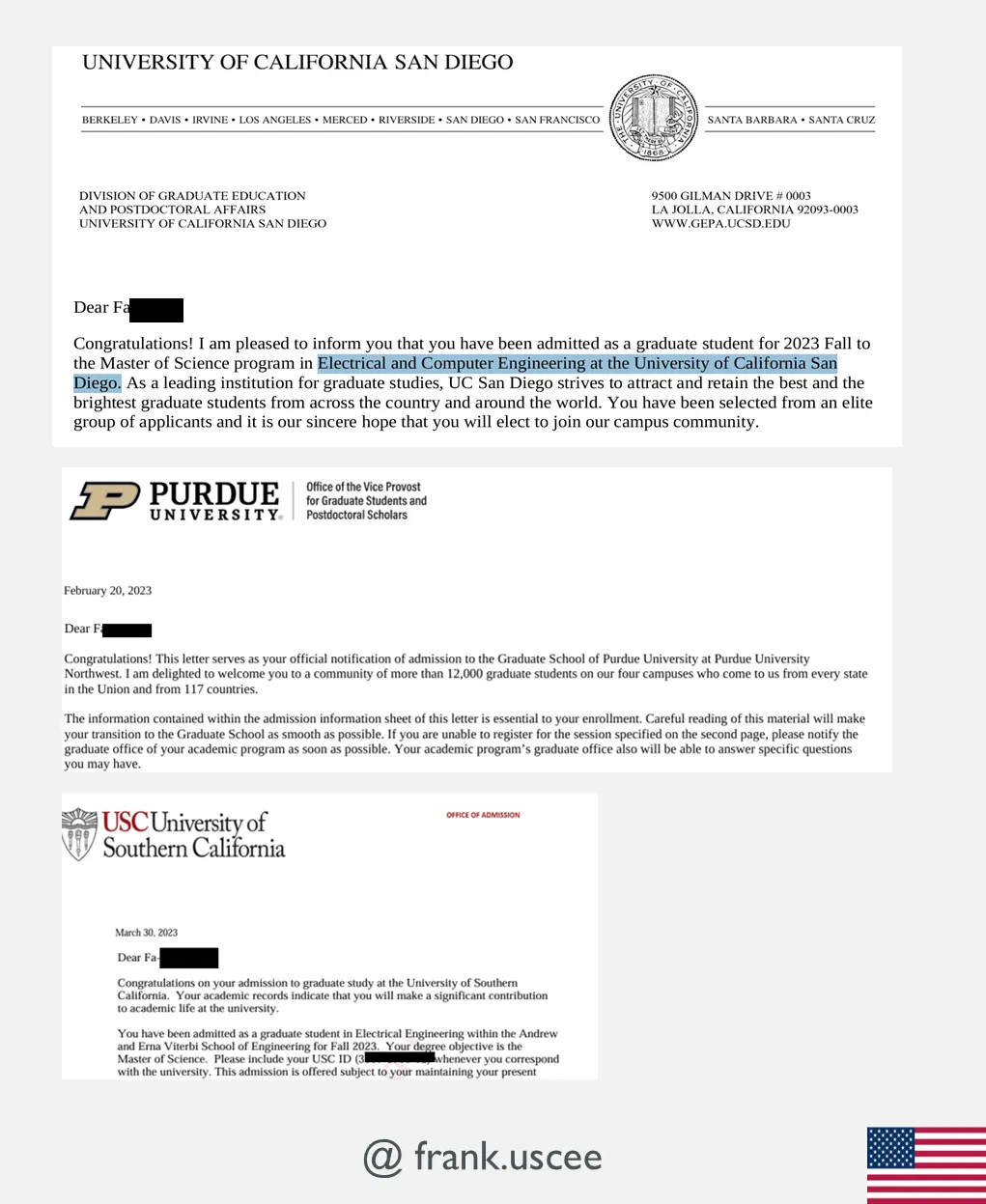 UCSD／Purdue／USC 正式錄取通知書（姓名/學號已遮）