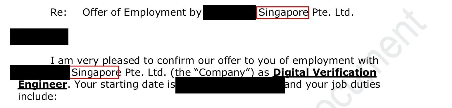 新加坡數位驗證工程師 offer letter，公司與姓名已模糊、Singapore 以紅框標示
