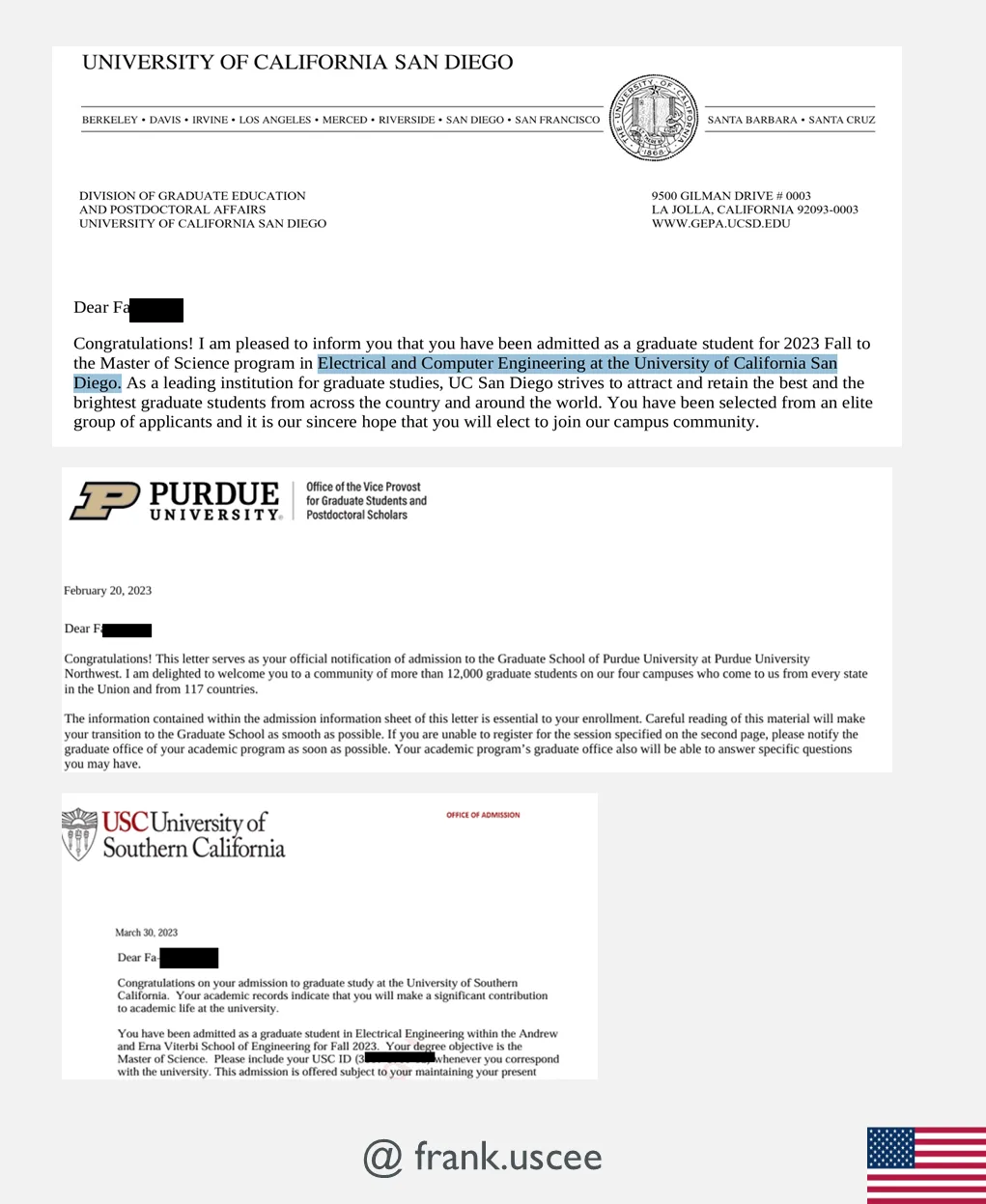 UCSD、Purdue、USC 正式錄取信（姓名已遮）